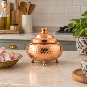 Handmade Hammered Copper <b>Lidded</b> Storage Pot <b>with</b> Rounded Body and Three Feet for Kitchen Home Decor Wholesale Supply Bulk Export - Product Image 2