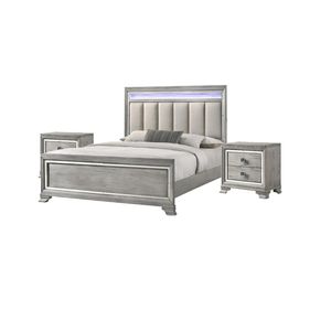Set Camera da Letto Moderno 3 Pezzi King Size con Illuminazione LED Integrata, Comodino, Testiera Trapuntata, Finitura Effetto Legno, Grigio Morbido, in Legno Massello - Product Image 1