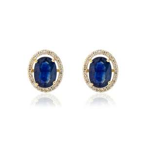 Boucles d'oreilles solitaires en or blanc 14 carats avec halo de diamants et saphirs - Product Image 3