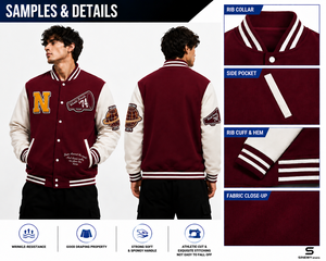 Veste universitaire coupe-vent hiver marron et blanc, broderie N, style preppy, col rabattu, unisexe, en polyester et coton - Product Image 6