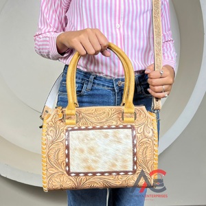 Premium Hair-On Cowhide <b>Leather</b> Crossbody Travel Duffel Bags Trendy <b>Tooled</b> Floral <b>Leather</b> Designer Medium Speedy Bags For Women - Product Image 1