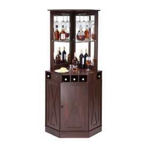 Nero noce Freestanding Bar angolo angolo porta vetro Design industriale per casa soggiorno fattoria legno caffè Bar vino - Product Image 1