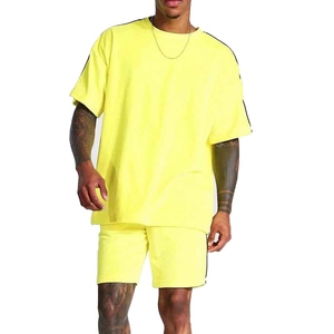 Men's Yellow Cotton T-Shirt And Shorts <b>Set</b> Crew Neck Solid Color Casual Summer Wear Breathable <b>Knitted</b> Fabric New Fashion - Product Image 1
