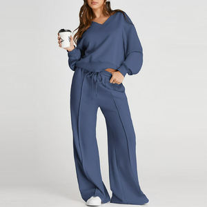 Conjunto de Sudadera Oversize Azul con Cuello en V y Pantalones de Pierna Ancha para Mujer, Hombros Caídos, Manga Larga, Color Sólido, Ropa Casual para Estar en Casa - Product Image 3