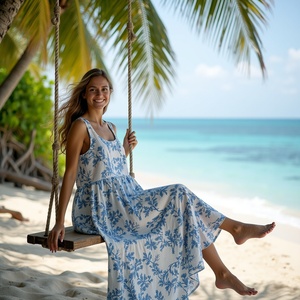 Vestido largo con estampado de vides blancas y azules bohemias para mujeres jóvenes, cómodo atractivo para exteriores, cuello redondo, diseño escalonado ALine, ropa de playa - Product Image 4