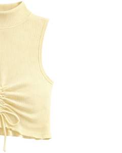 Top Corto Sin Mangas con Cuello Alto Acanalado en Amarillo Mantequilla, con Cordón Ajustable y Fruncido Delantero, Ajuste Ceñido, Estilo Casual para Mujer - Product Image 3