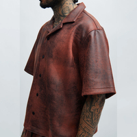 Survêtement en similicuir marron délavé de haute qualité – Streetwear Hip Hop pour hommes – Ensemble à manches courtes avec logo personnalisé