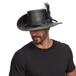 Chapeau en cuir de cavalier musqué noir avec plumes d'autruche noires, style pirate gothique, large bord, vintage, pour Halloween et cosplay - Product Image 3