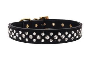 Collar de cuero negro sólido para perros y mascotas con hebilla de metal de latón de diamante de cristal ostentoso personalizado por el fabricante - Product Image 3