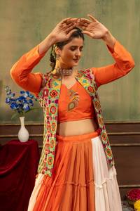 Orange White Traditional Indian Rayon <b>Lehenga</b> Set Embroidered Blouse Koti Wedding Occasion <b>Women</b> Floor-Length Sun Protection - Product Image 3