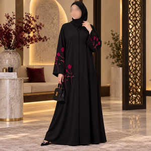 Abaya Negra para Mujer con Bordado Floral |   Vestido Musulmán Modesto, Kaftán Largo de Manga Larga, Ropa Islámica, Elegante Vestido Holgado para Uso Diario - Product Image 2