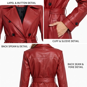 Abrigo largo de cuero para mujer, estilo gabardina, doble botonadura, con cinturón, a prueba de viento, con cuello vuelto - Product Image 6