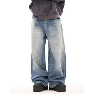Wide Leg Stonewashed Denim Jeans Men Loose Fit Mid Waist Cotton Casual <b>Pants</b> Spring Style - Product Image 2