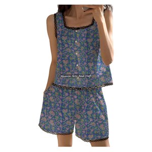Ensemble pyjama sexy en coton rayé pour femme avec short et dentelle, motif floral sans manches, collection printemps/été, imprimé bloc, vente en gros - Product Image 1