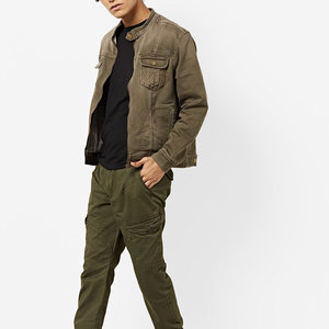 <b>Men's</b> Olive <b>Canvas</b> Shirt <b>Jacket</b> Stand Collar Zipper Closure Workwear Style Regular Fit Autumn Wear - Product Image 4