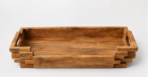 Bandeja de Servir Geométrica de Madera al por Mayor, Plato de Madera de Mango con Diseño de Ladrillos Apilados y Ranuras - Product Image 3