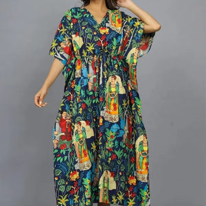 Caftán de algodón azul marino hecho a mano, inspirado en Kahlo, kimono ligero para la playa, ropa de resort. - Product Image 1