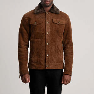 Men's Winter Brown <b>Suede</b> Shearling Trucker <b>Jacket</b> Zipper Closure Windproof Breathable Quick Dry Eco-Friendly Anti-Bacterial 100% - Product Image 2