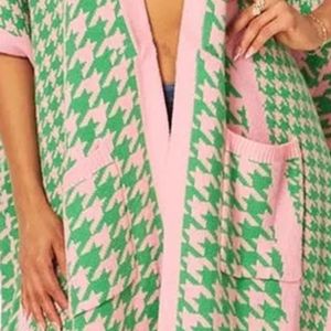 Cárdigan rosa y verde con estampado de pata de gallo para mujer, abrigo largo de punto con frente abierto, ropa exterior de moda, informal y elegante, para llevar en capas. - Product Image 6