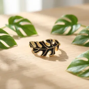 Leaf Designed Black Enameled Adjustable 18k Gold Plating Brass Statement Signet Ring Wedding Birthday Stylish Minimalist <b>Gift</b> - Product Image 3