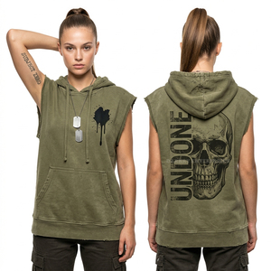 Vente en gros : Sweat à capuche sans manches pour femme, effet vieilli, imprimé graphique tête de mort, vert olive, bords bruts, coupe muscle, fournisseur de streetwear personnalisé - Product Image 1