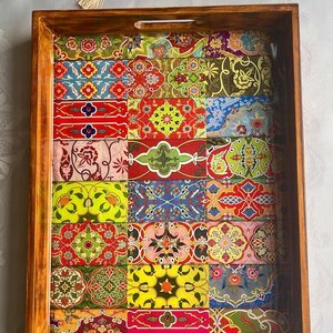wood resin crafted custom Wooden Serving Tray With Blue Resin Inlay Rectangle Varnished Modern Design For Table Use - Product Image 5