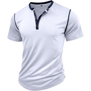 Camisetas Casuales de Manga Corta para Hombre, Cuello Redondo con Botones, 100% Algodón, Estilo Urbano con Contraste de Color, Diseño Personalizado para Primavera/Verano - Product Image 3