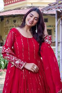 <b>Red</b> Faux Georgette Embroidered Anarkali Gown with Dupatta <b>Sequin</b> Floral Ethnic Wear for Wedding Party Diwali - Product Image 3