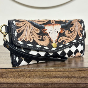 Nueva Cartera de Cuero Repujado para Mujer, Diseño de Cabeza de Toro Longhorn Occidental, Patrón a Cuadros, Bolso de Mano Elegante y Duradero - Product Image 5