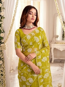 Sari en soie verte avec broderie florale blanche, tenue traditionnelle indienne pour mariage, longueur au sol, protection solaire, pour femmes - Product Image 2