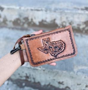 Exquisite Tooled Leather <b>Wristlet</b> Texas Design Handcrafted Top Zipper Pocket Intricate Tooling Hand Strap Multi-function Wallet - Product Image 3
