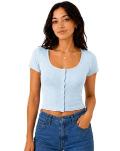 Custom Ice Blue Women Ribbed Knit Crop <b>Top</b> Short Sleeve Button Front Slim Fit Square Neck Casual Summer Cotton T Shirt Blouse - Product Image 1