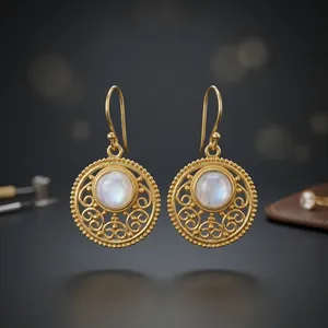 Boucles d'oreilles pendantes en laiton avec pierre de lune arc-en-ciel, bijoux faits à la main avec pierres précieuses naturelles - Product Image 1