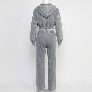 Ensemble de survêtements en molleton à capuche délavé pour femme, 2 pièces, gris uni, décontracté, manches longues, coupe ample, toutes saisons - Product Image 3