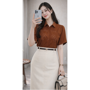 Vêtements écologiques pour femmes, chemise à manches courtes avec broderie florale, haut uni décontracté pour le bureau, toutes saisons, pour le travail - Product Image 6