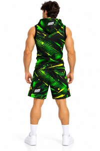 Ensemble Maillot et Short de Basketball Personnalisé Noir Vert Citron Sans Manches à Capuche avec Motif Graphique Demi-Ton Jaune Effet Éclaboussures Sublimé pour Équipe - Product Image 6