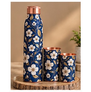 Botella de Agua de Cobre con Diseño Floral Azul Menta y Naranja Pintado a Mano, con 2 Tazas a Juego, Juego de Bebidas Portátil para Viaje - Product Image 4