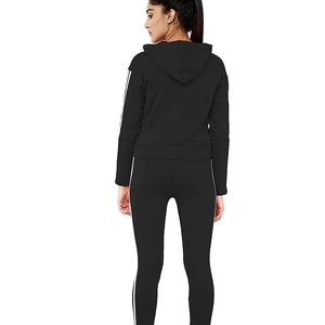 Women <b>Black</b> Hooded Tracksuit Set Full Sleeve Striped <b>Leggings</b> Sporty Athletic Wear Breathable Midweight Spring Casual Outfit - Product Image 2