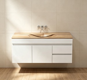 Minimalist Wall Mounted Bathroom <b>Vanity</b> With Solid Wood Top And Stone Basin 60 In Rectangle Design - Product Image 1
