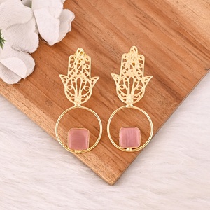 Elegant Pink <b>Cat's</b> Eye Gemstone <b>Earrings</b> Gold Plated Brass Fashion Jewelry for Women - Product Image 2