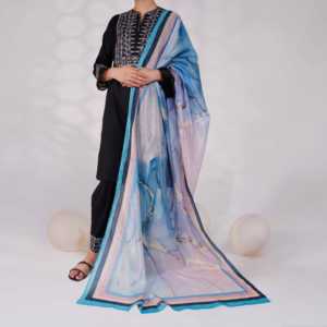 Organza bleu imprimé numérique Dupatta PW4786 taille libre - Product Image 1