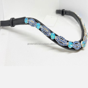 Banda de cejas con cristales de encaje azul hecha a medida, banda decorativa ostentosa para cejas de caballo de cuero inglés con forma de onda para brida - Product Image 2