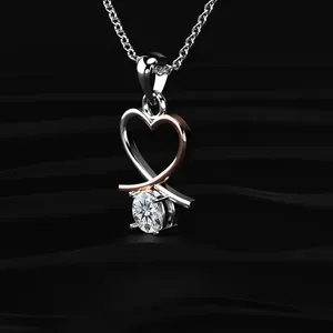 Pendentif en diamant CVD cultivé en laboratoire, taille ronde, en forme de cœur, couleur D-E, clarté VVS-VS, avec collier en or rose et blanc. - Product Image 4