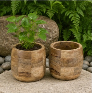 Maceta Redonda de Madera de Mango Hecha a Mano, Diseño a Cuadros Ecológico, Maceta para Escritorio, Decoración del Hogar y Hoteles, Soporte de Madera para Plantas - Product Image 5