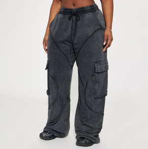 Pantalones Cargo de Forro Polar Lavado a la Piedra para Mujer, Cintura Media, Ajuste Holgado, Largos, Color Sólido, Cierre con Cordón, Estilo Casual, Ropa de Otoño - Product Image 2