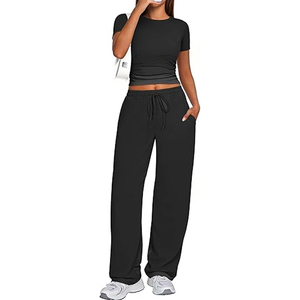 Women's Comfortable Solid Lace up Short Sleeve Cotton Drawstring Loose Fit T-Shirt and Sweatpants <b>Set</b> - Product Image 4