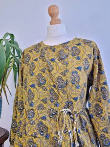 Blusa Bohemia azul mostaza terrosa de algodón puro Top indio Bagru Block verano Elegante ropa de día cómoda - Product Image 4