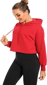 <b>Red</b> <b>Cropped</b> Hooded Sweatshirt Long Sleeve Solid Color Casual Fleece <b>Top</b> for Women Autumn Wear - Product Image 2