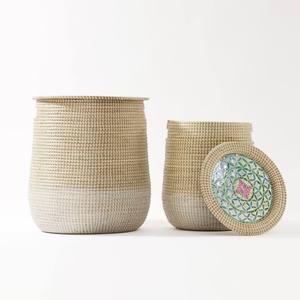 Panier à linge en jonc de mer avec couvercle en nacre, paniers de rangement décoratifs tissés à la main pour salon, chambre et salle de bain - Product Image 2