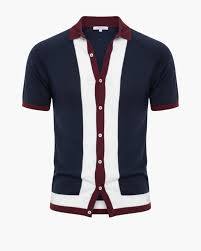 Polo de Punto Retro para Hombre con Botones |   Camisa Vintage con Cuello Cubano en Bloques de Color Tricolor |   Prendas de punto de manga corta estilo bowling de los años 50 - Product Image 3